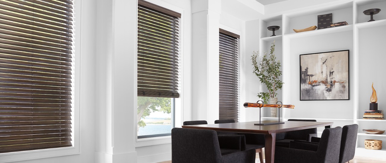 EverWood® Alternative Wood Blinds featured on dining room windows.